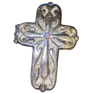Vintage Silver Cross Pendant Brooch With Inset Gemstone & Intricate Detailing